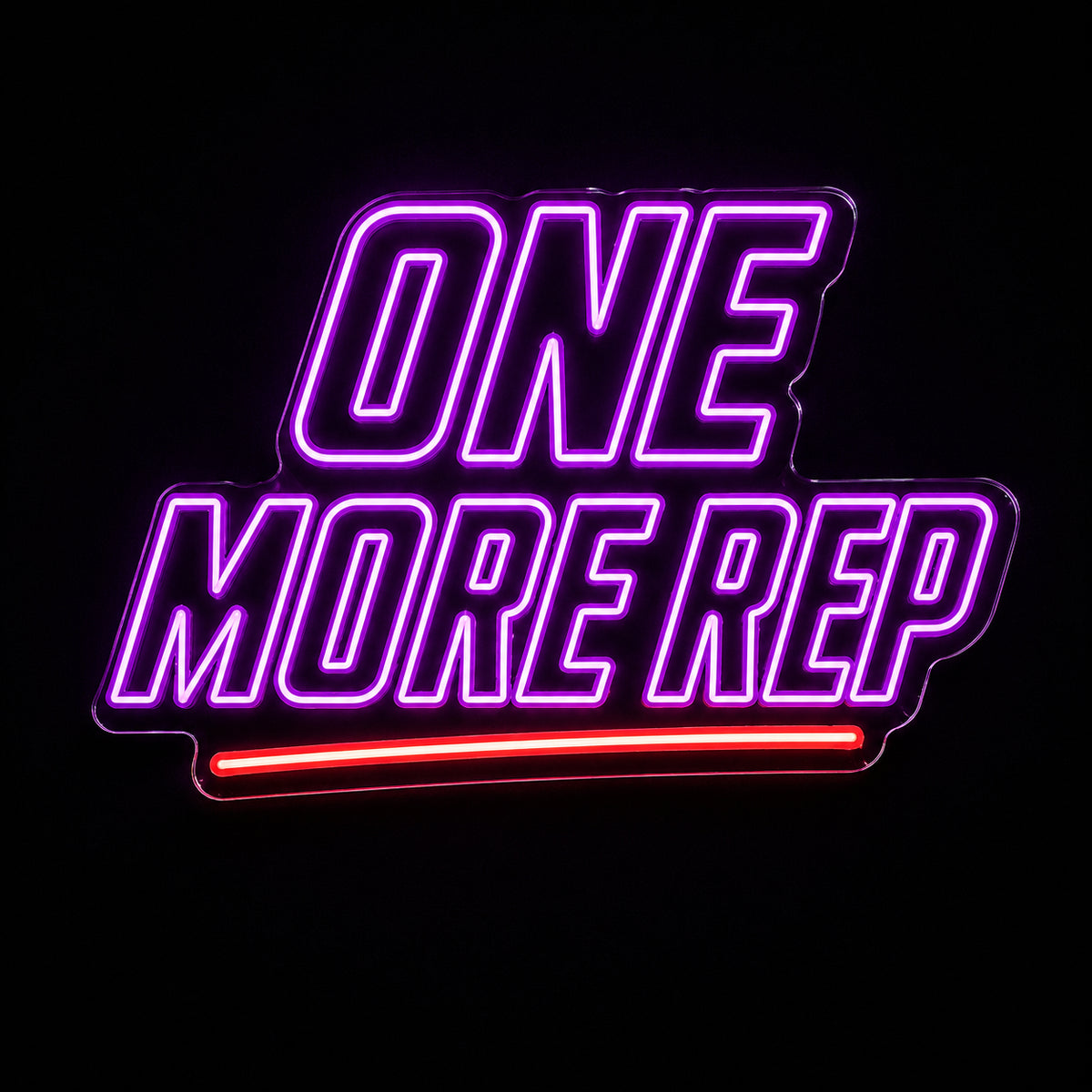One More Rep gym LED neon sign by Fineyst Neon in Purple & Red on clear acrylic
