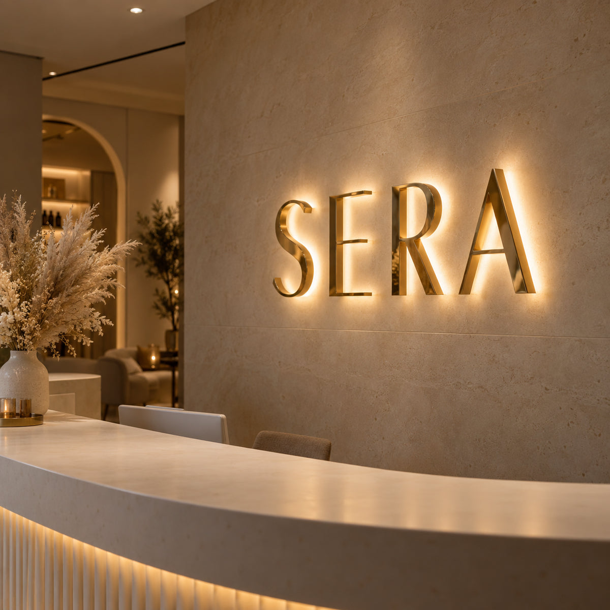 Gold halo lit sign with backlit 3D letters glowing on a stone wall behind a salon reception desk