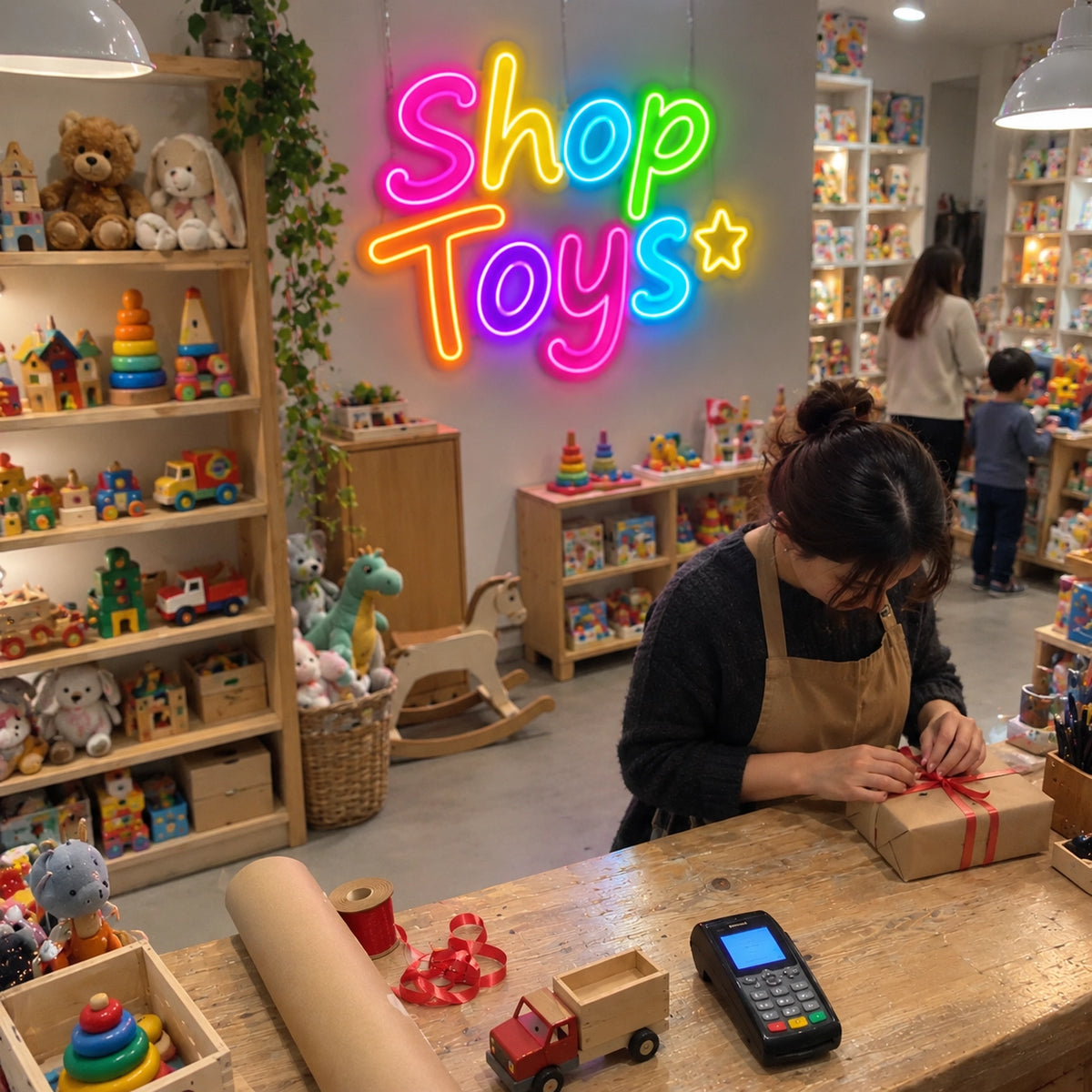 Multicolor Shop Toys LED neon sign on a toy store wall