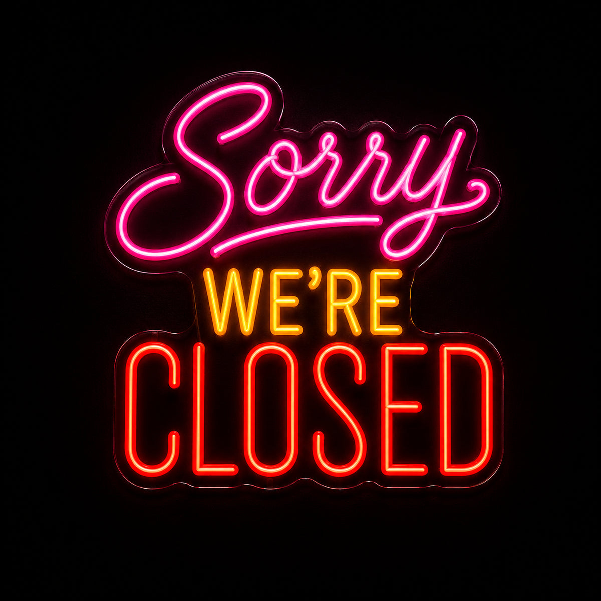 Sorry We're Closed LED neon sign by Fineyst Neon in Pink, Yellow & Red on clear acrylic