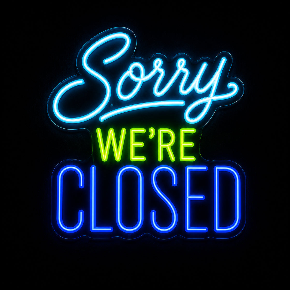 Sorry We're Closed LED neon sign by Fineyst Neon in Aqua, Green & Blue on clear acrylic