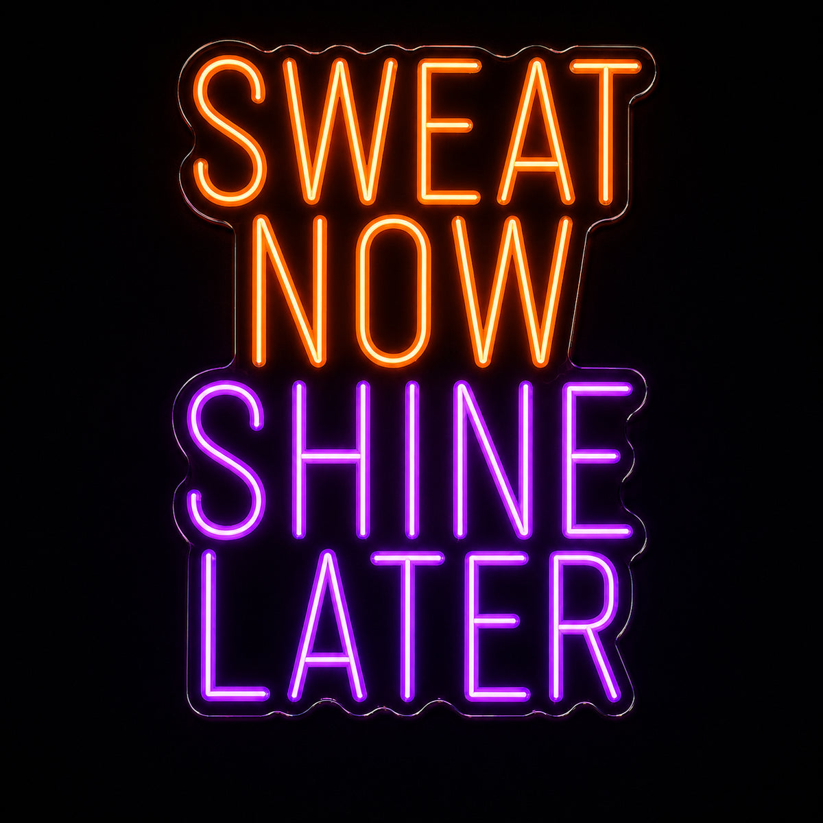 Sweat Now Shine Later LED neon sign by Fineyst Neon in Orange & Purple on clear acrylic