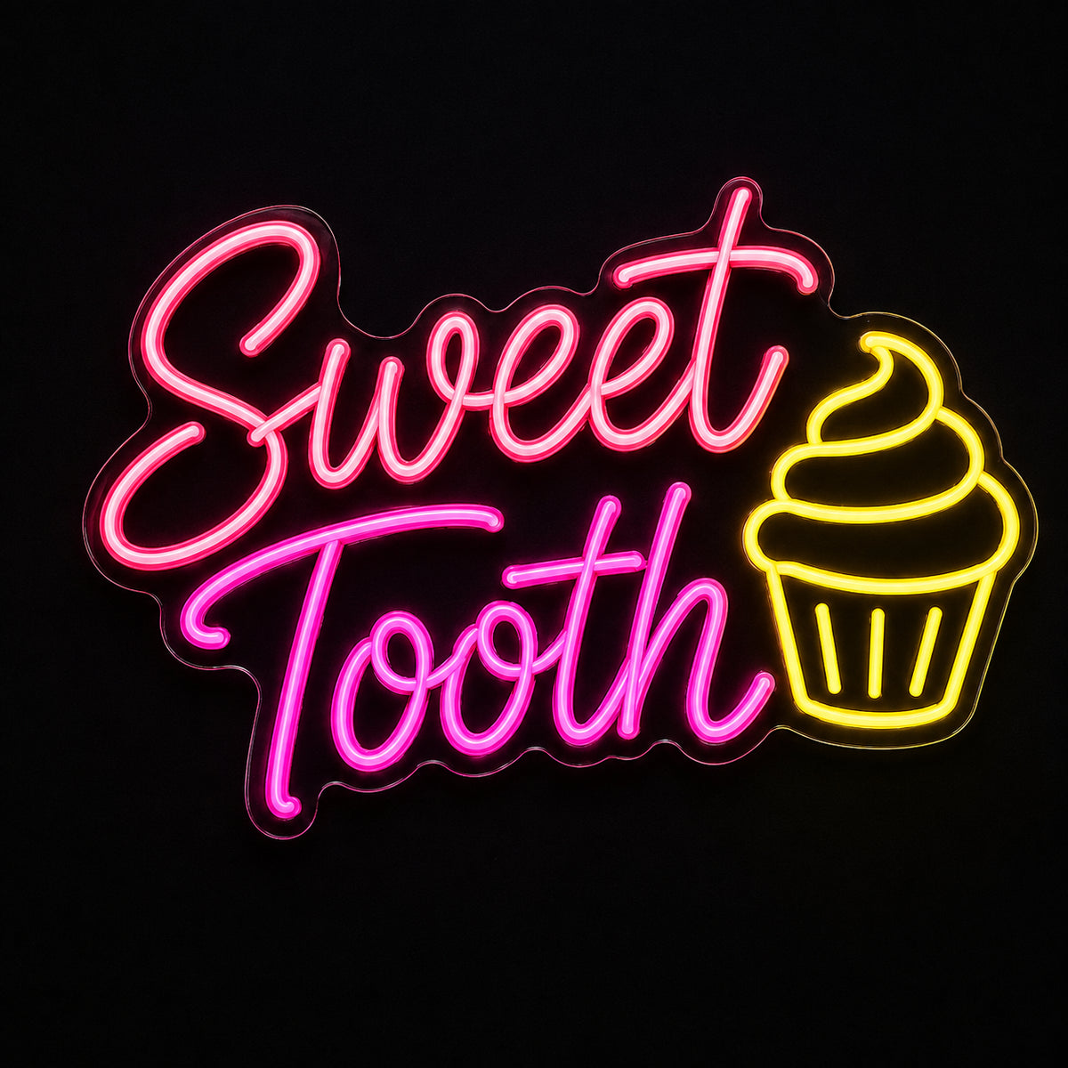 Sweet Tooth LED neon sign with cupcake by Fineyst Neon in Coral, Pink & Yellow on clear acrylic