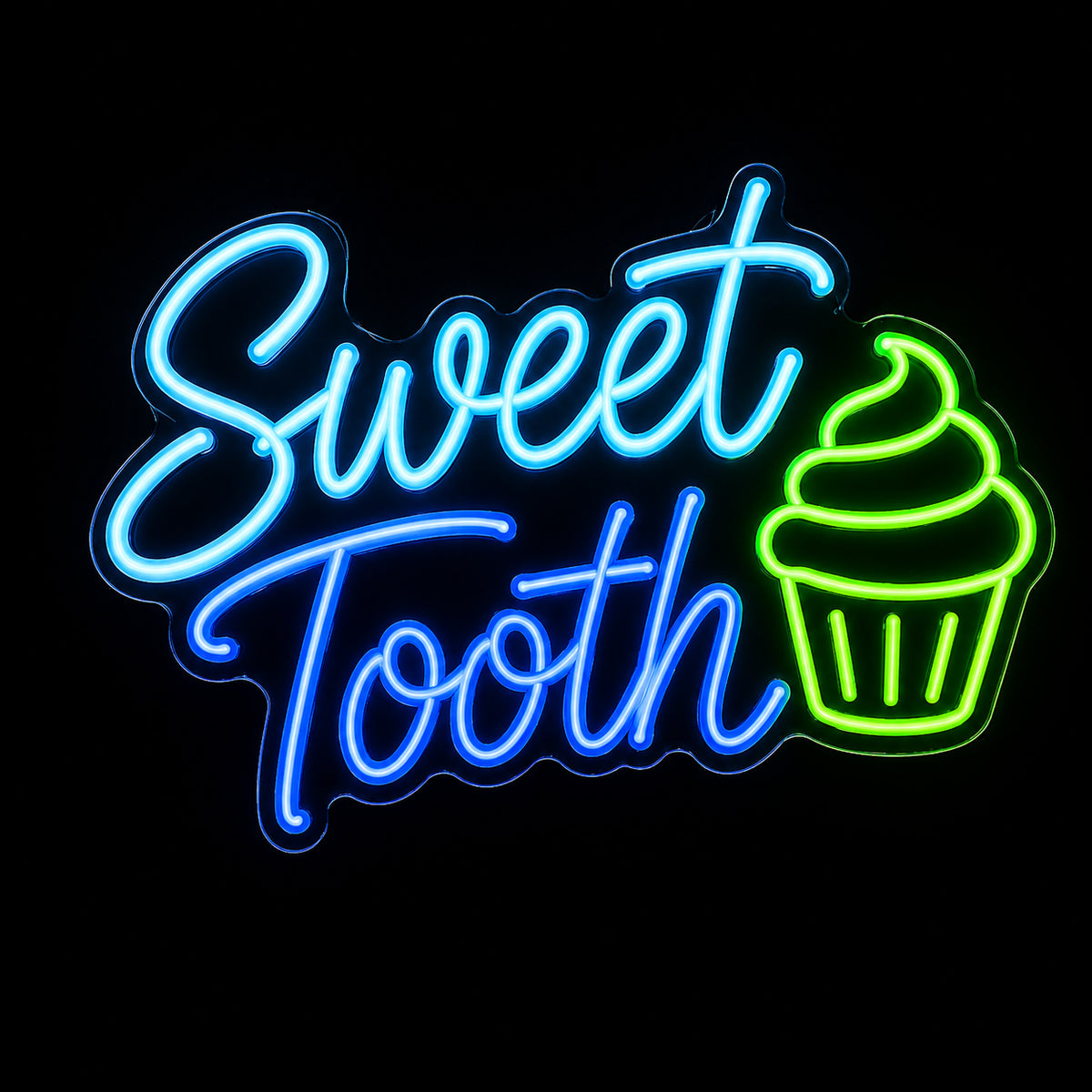 Sweet Tooth LED neon sign with cupcake by Fineyst Neon in Aqua, Blue & Green on clear acrylic
