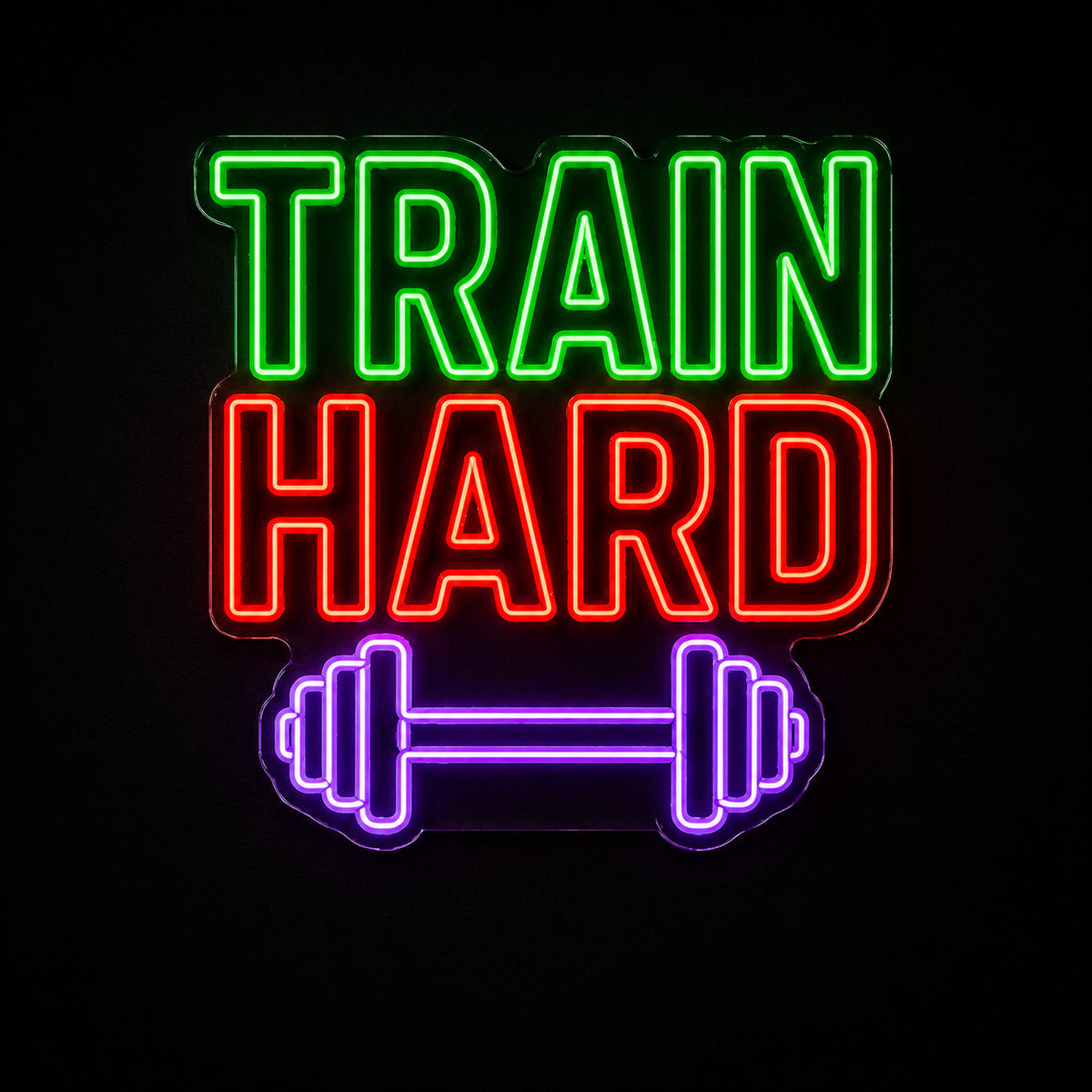 Train Hard LED neon sign with barbell by Fineyst Neon in Green, Red & Purple on clear acrylic