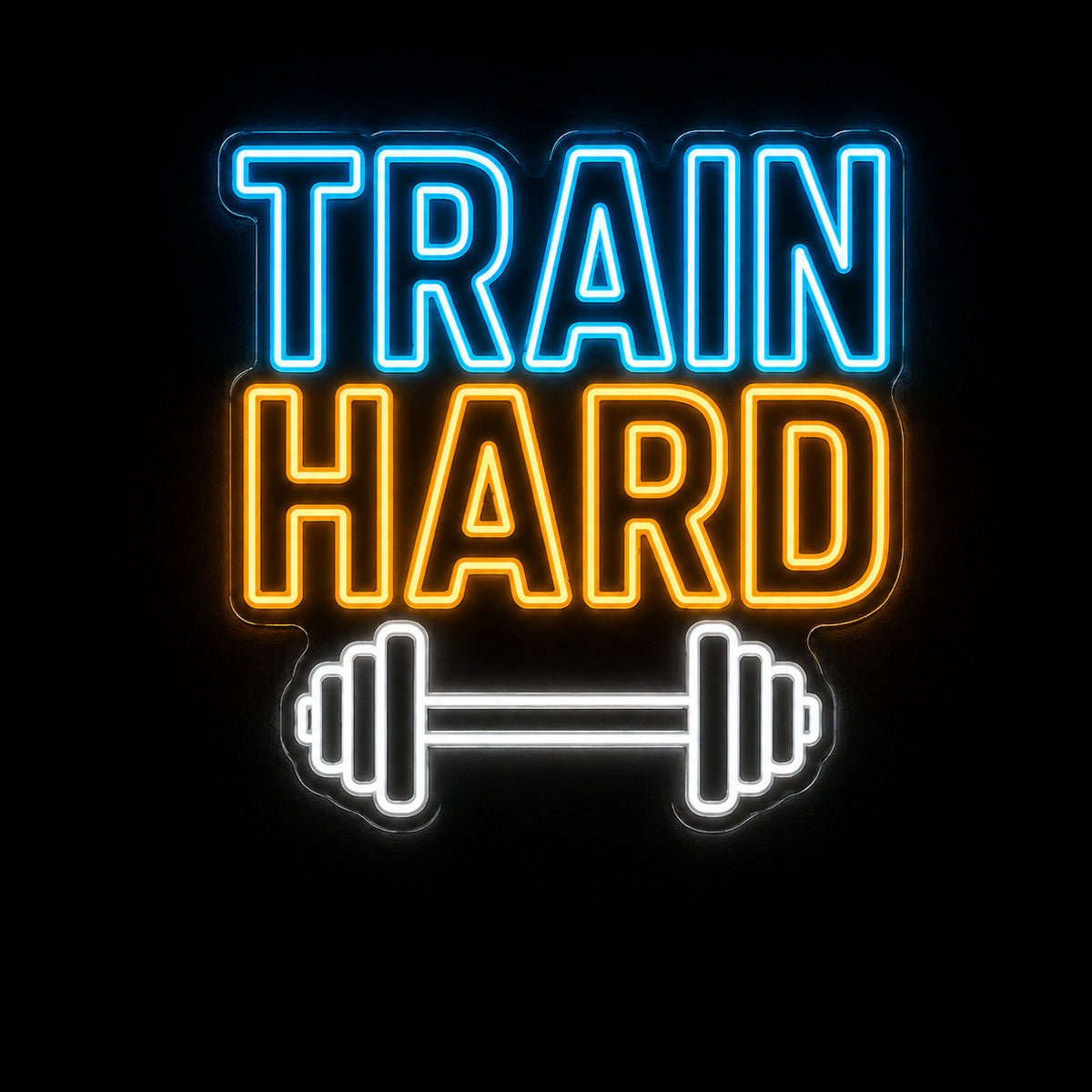 Train Hard LED neon sign with barbell by Fineyst Neon in Aqua, Orange & White on clear acrylic