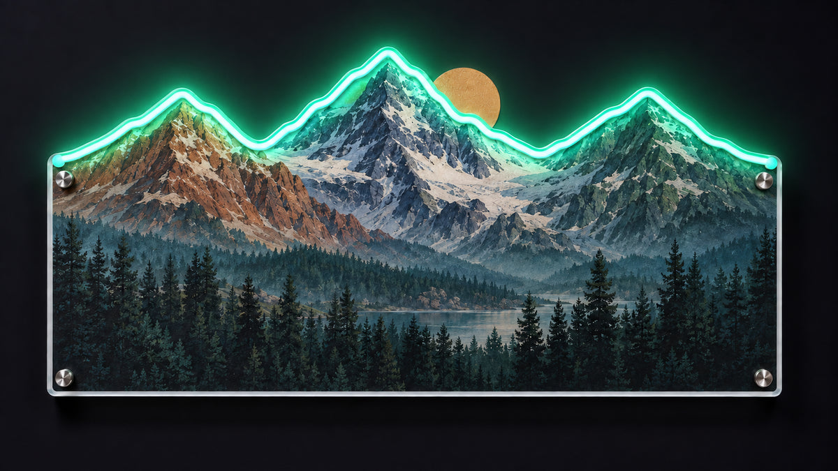 UV printed mountain range acrylic panel outlined in green LED neon