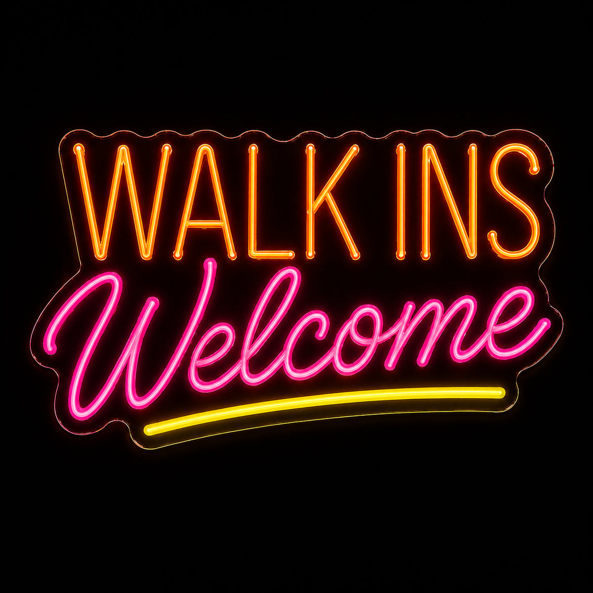 Walk Ins Welcome LED neon sign by Fineyst Neon in Orange, Pink & Yellow on clear acrylic