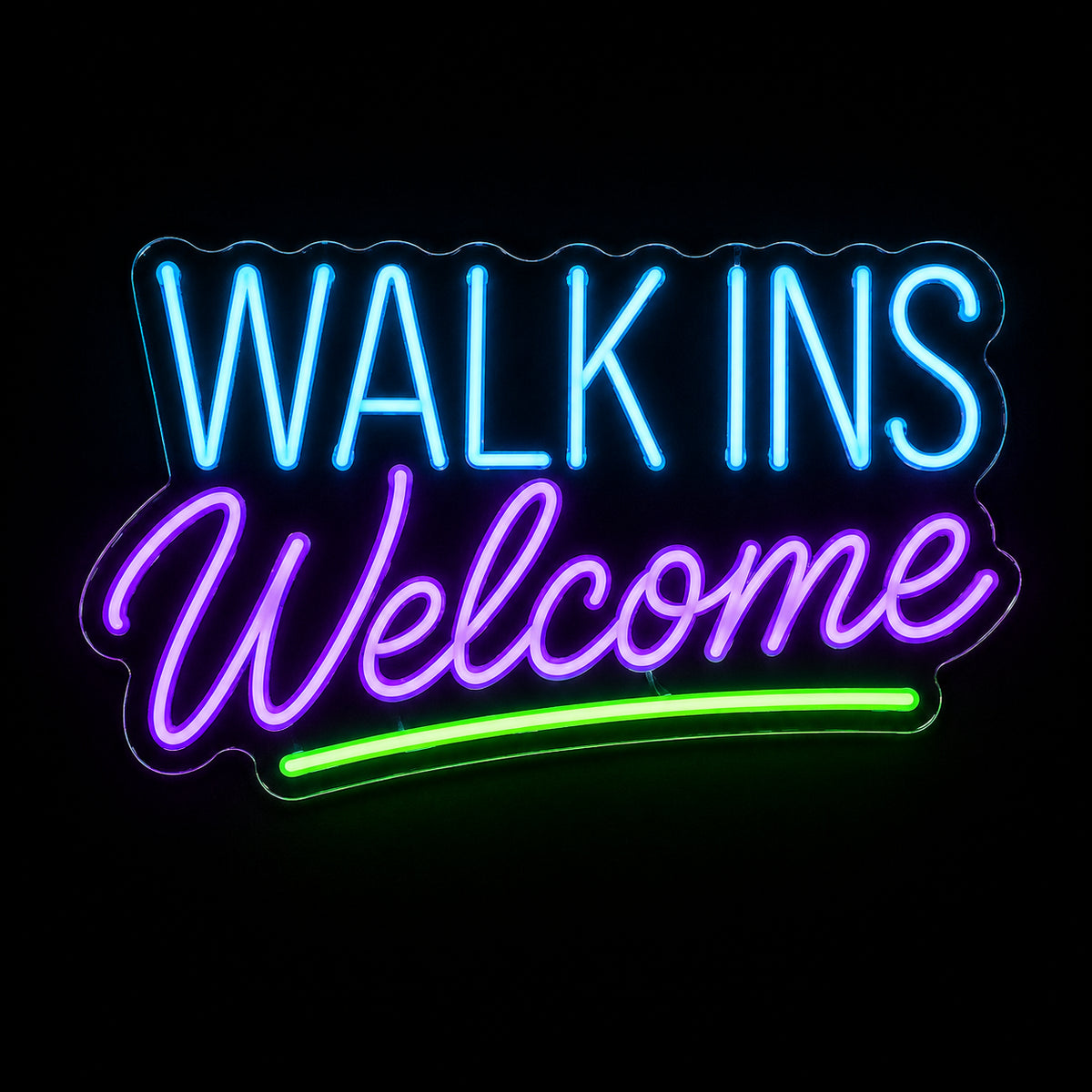 Walk Ins Welcome LED neon sign by Fineyst Neon in Aqua, Purple & Green on clear acrylic