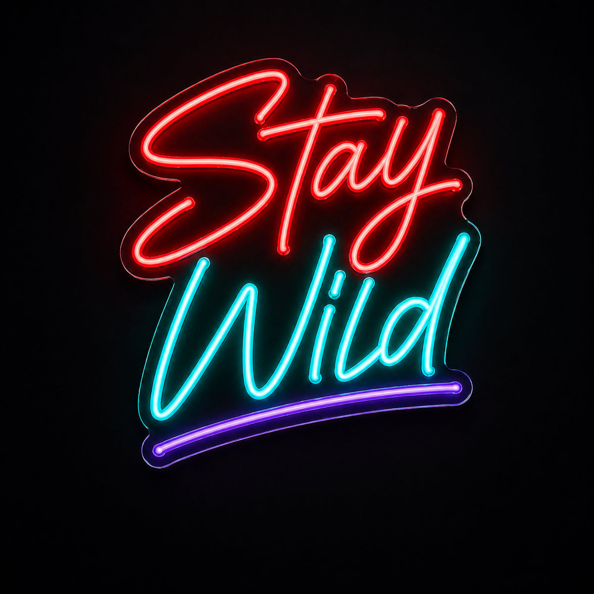 Stay Wild script LED neon sign by Fineyst Neon in Red, Aqua & Purple on clear acrylic