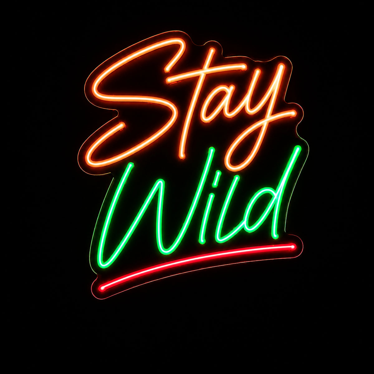 Stay Wild script LED neon sign by Fineyst Neon in Orange, Green & Red on clear acrylic