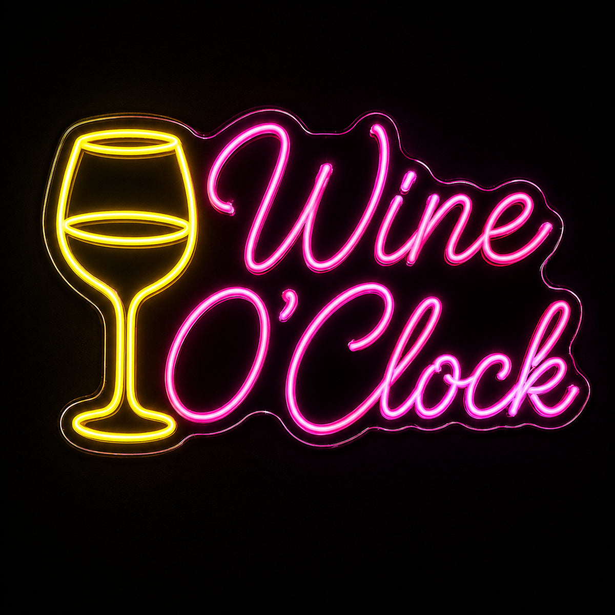 Wine O'Clock LED neon sign with wine glass by Fineyst Neon in Yellow & Pink on clear acrylic