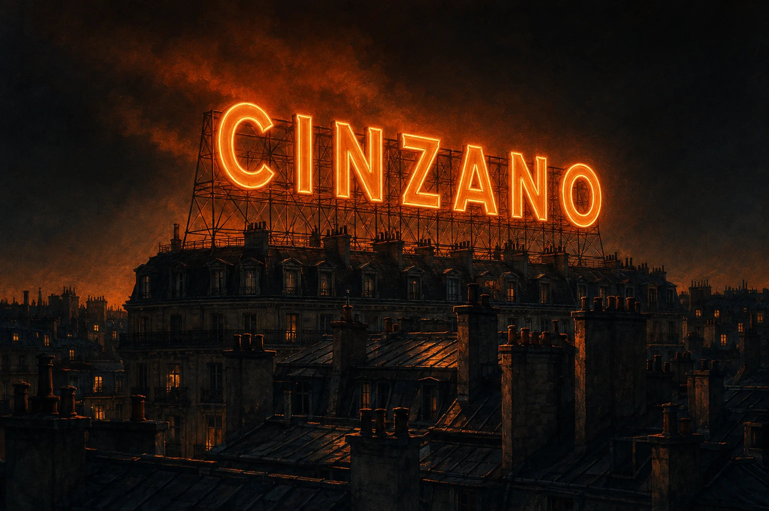 The Cinzano neon sign glowing above the Paris rooftops, 1913