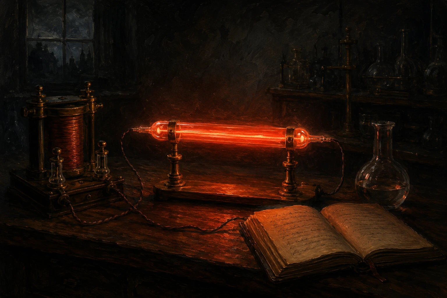 A glowing red discharge tube on a Victorian laboratory bench, 1898