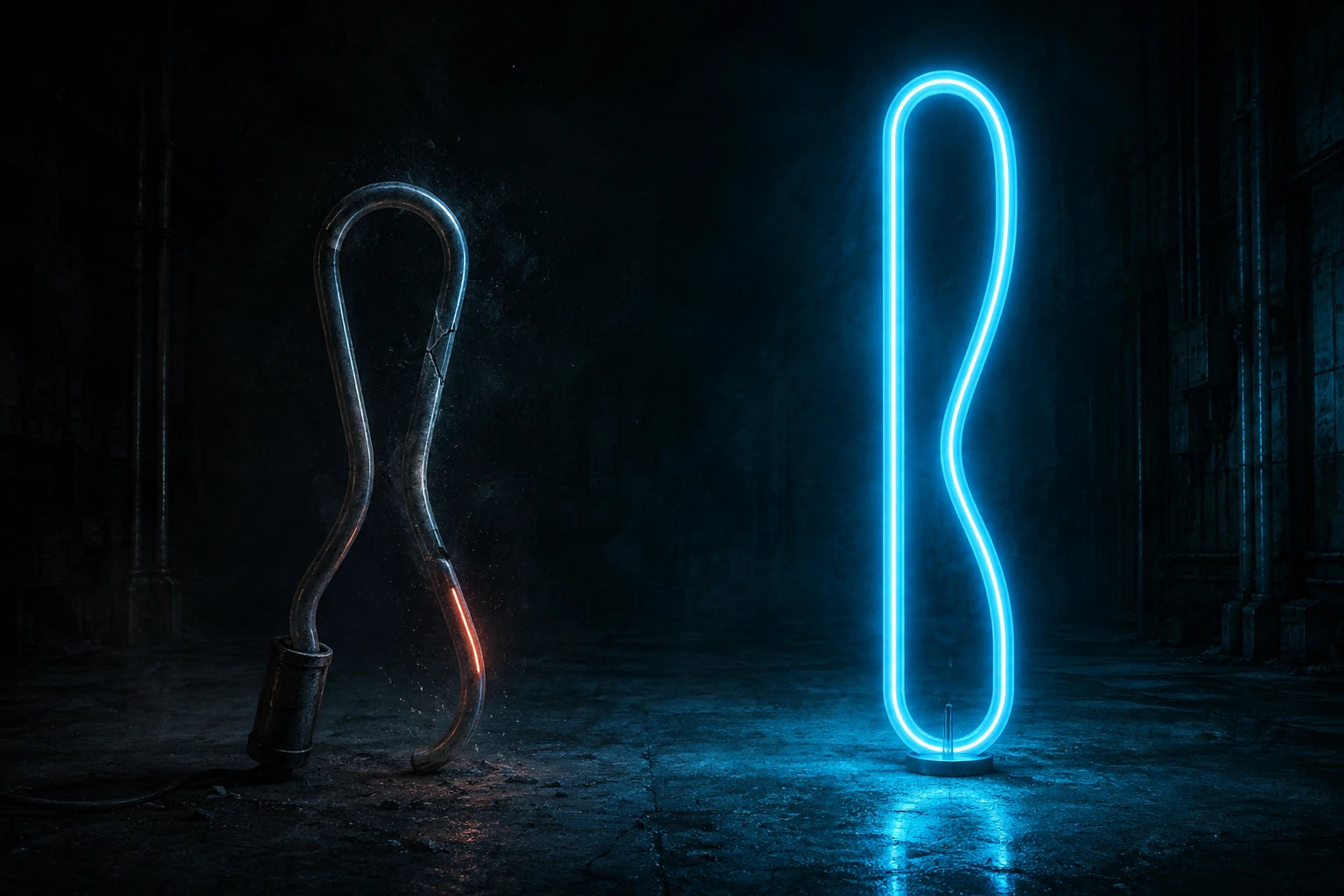 A cracked glass neon tube beside a lit blue LED neon flex tube