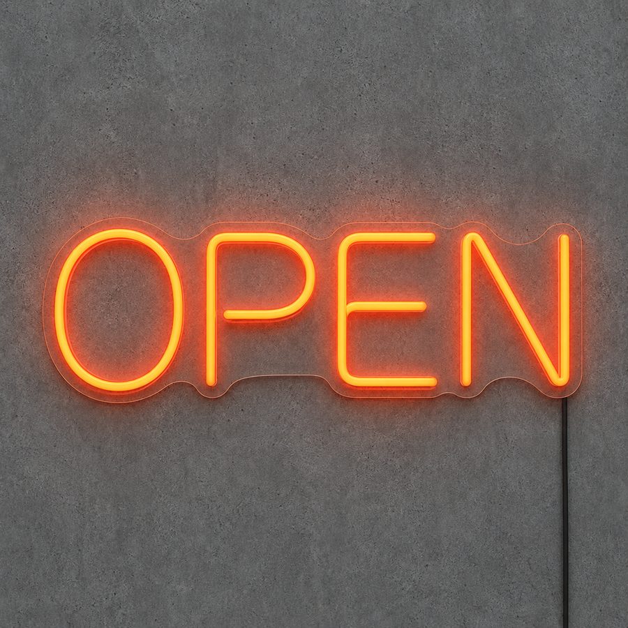LED neon flex OPEN sign on a clear cut-to-shape acrylic backboard, the type Fineyst Neon makes.