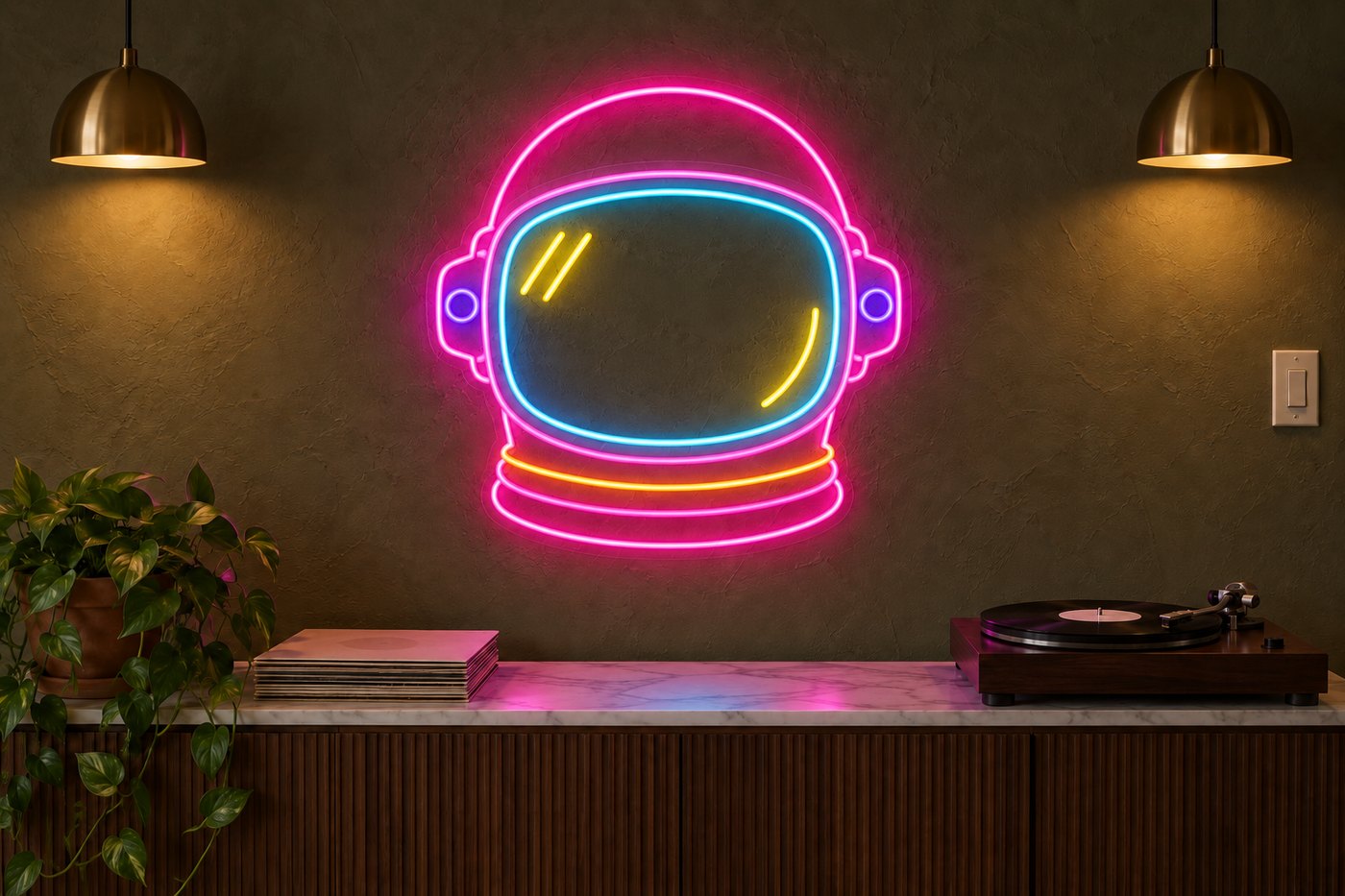 Custom neon astronaut helmet sign lit in five colours in a dark room