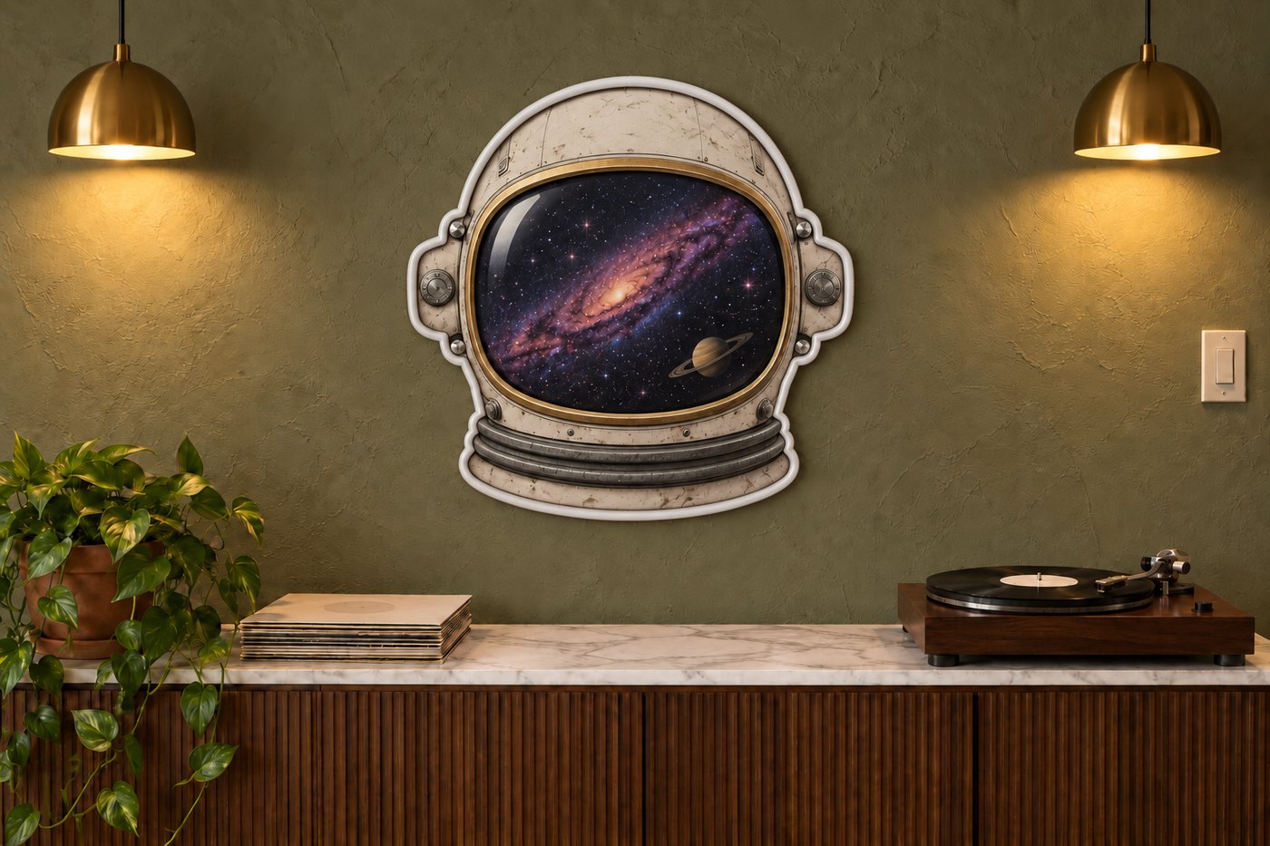 UV printed astronaut helmet sign switched off in a warmly lit room, the printed galaxy visor fully visible